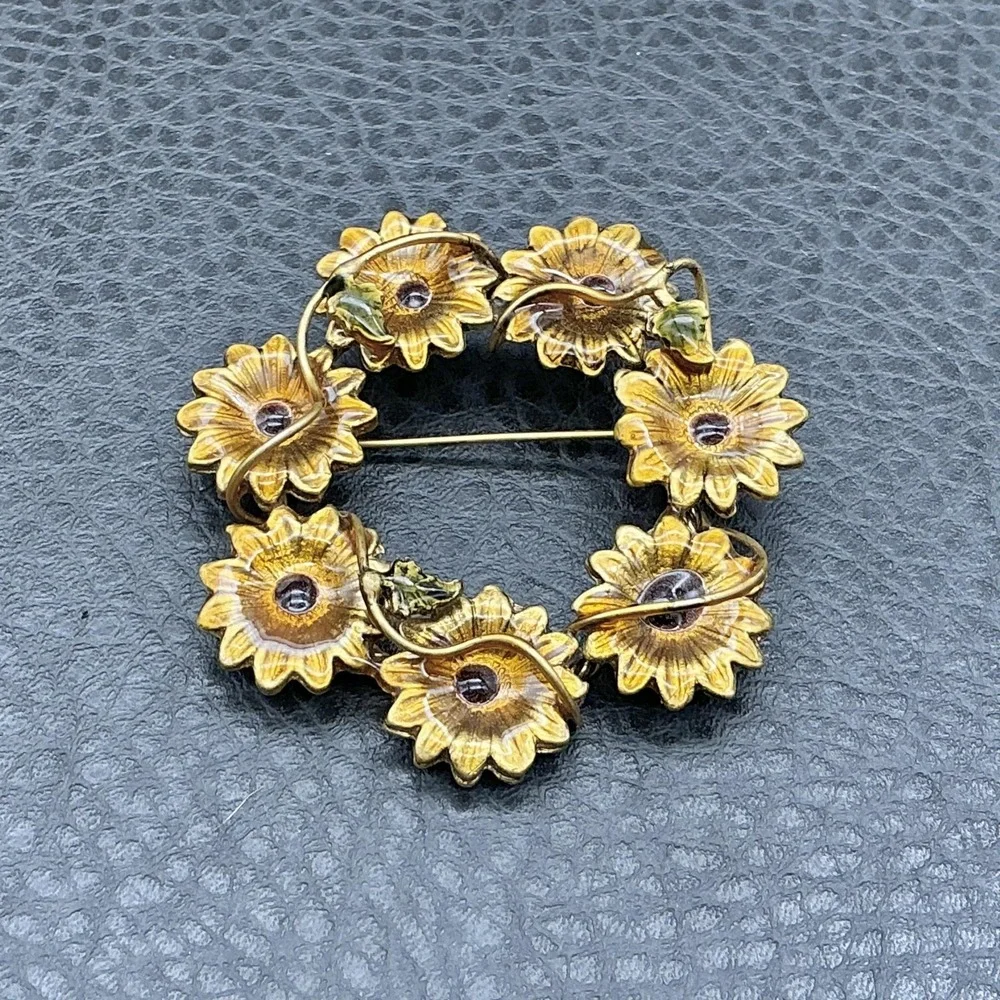 Yellow Enamel Daisy Wreath Brooch Pin Floral‎ Circle Costume Jewelry Womens 2